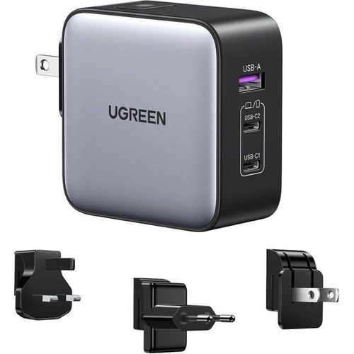 UGREEN 65W 3-Port GaN Fast Charger with Interchangeable UK/US/EU Plugs - CD296