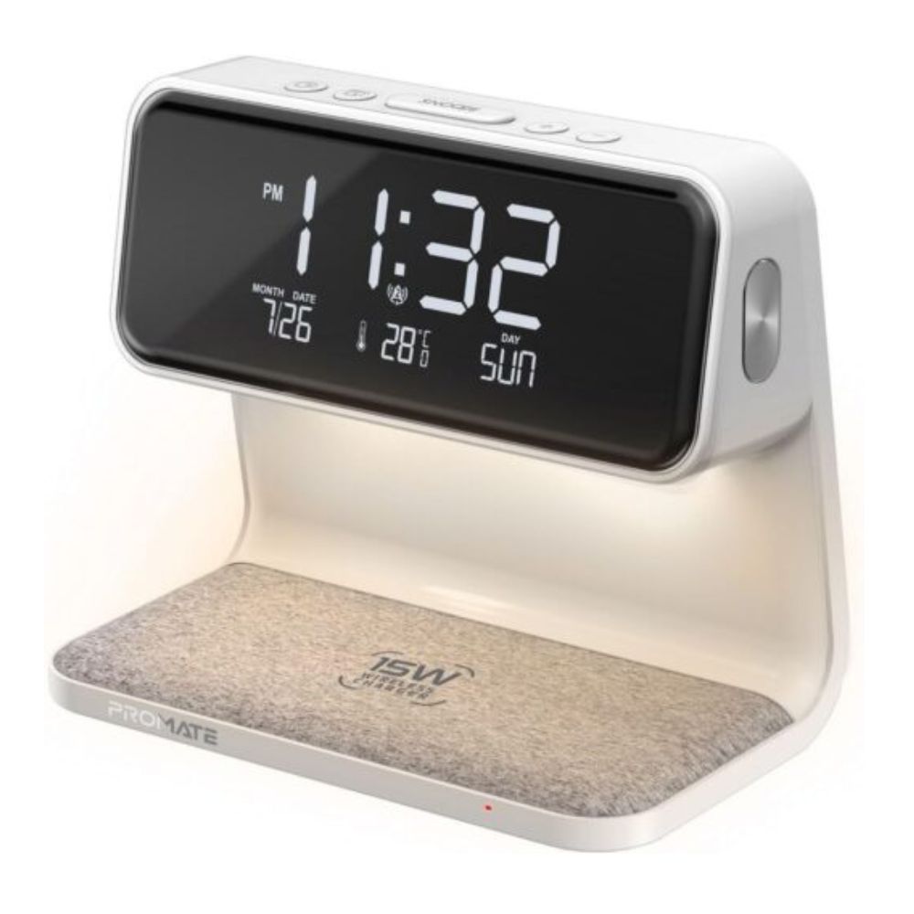 Promate Lumix-15W Multi-Function LED Alarm Clock - Wireless Charger