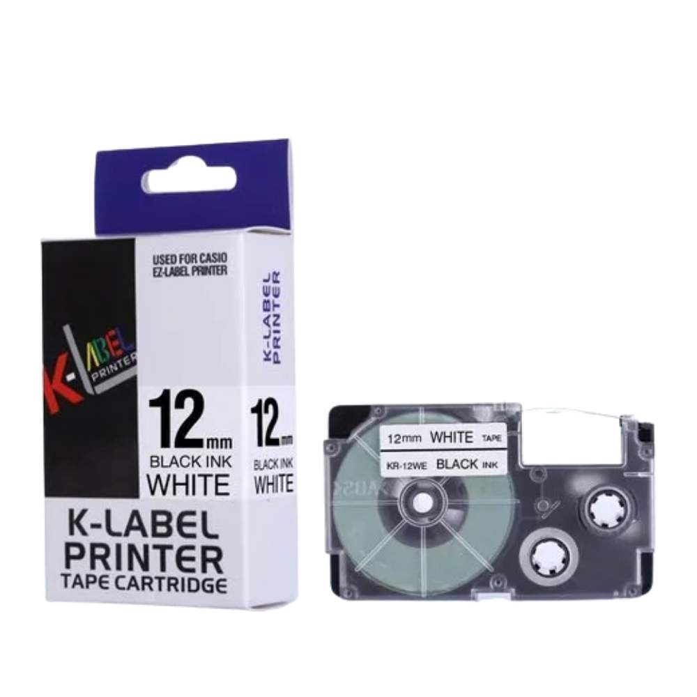 Casio 12mm x 8m Black on White Label Tape